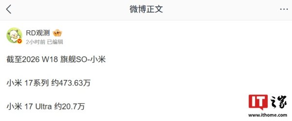 小米 17 系列旗舰手机最新销量情况曝光，Ultra 突破 20 万台
