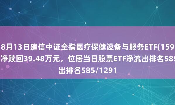8月13日建信中证全指医疗保健设备与服务ETF(159891)遭净赎回39.48万元，位居当日股票ETF净流出排名585/1291